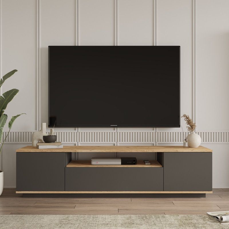 Meuble télé moderne avec portes à pousser, pin atlantique et anthracite, 70,9 po x 17,6 po x 17,5 po | 100% panneau de particules enduit de mélamine, épaisseur: 0,7 pouce | Conception élégante et fonctionnelle pour le salon et les espaces de divertissement, assemblage facile
