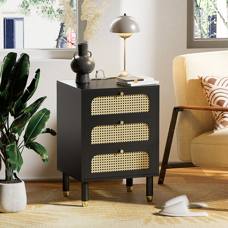 18.9'' W Solid Wood Legs 3-Rattan Drawer Nightstand with Charging Station, Black