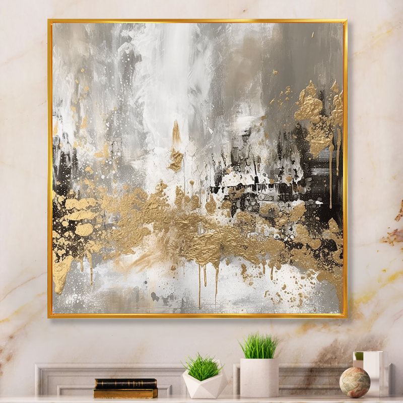 Demetry Modern Golden Abstract - Art mural abstrait, L 36 po x H 36 po, Reproduction avec cadre flottant, Doré