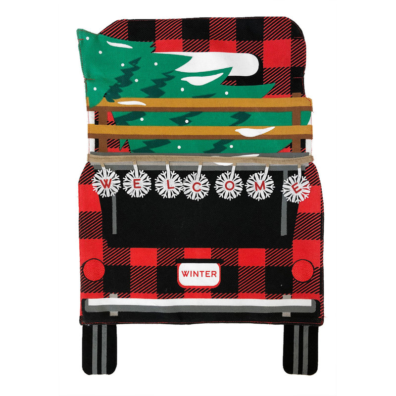 Red Checkered Truck Domnic Burlap House Flag, Red/Green/Black/Brown