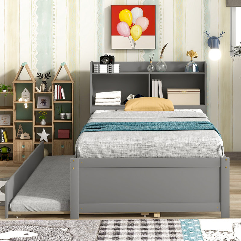 Lit simple gris avec lit gigogne et bibliothèque de rangement polyvalente - Adaptez-vous à votre style de vie en créant une chambre à coucher relaxante