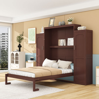 Wooden Murphy Bed with Shelves and Wardrobes