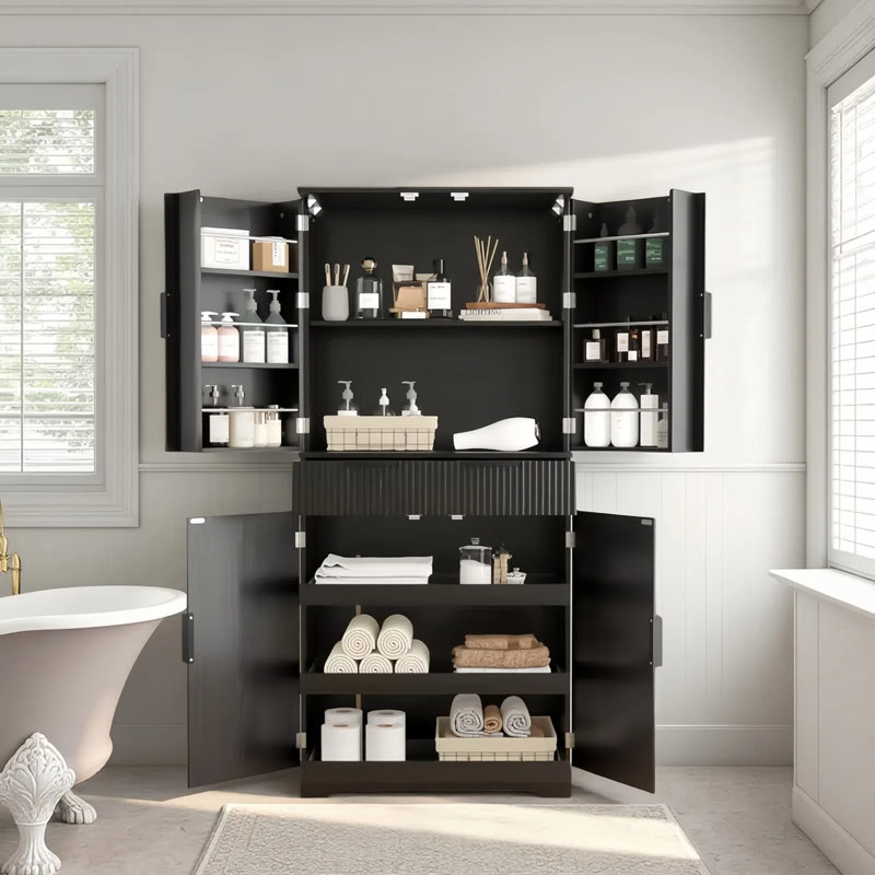 72"H Bathroom Storage Cabinet With 3 Keyboard Drawers,  6 Door Shelves Adjustable, A Slide-Out Drawer, Black