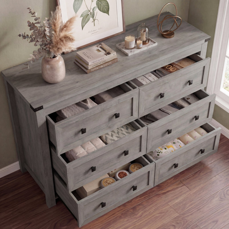 Commode double à 6 tiroirs Jaretssi l 42,7 pi, commode avec poignée carrée en métal, Chêne gris / noir