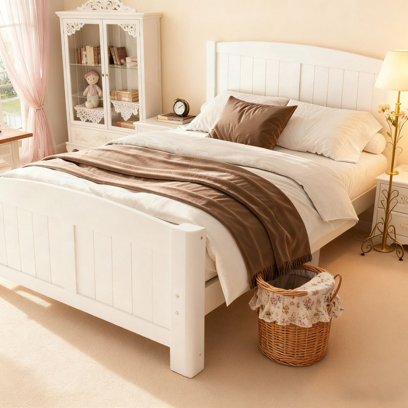 Solid Wood Platform Bed with Support Slats and Strong Structure, Light White, King