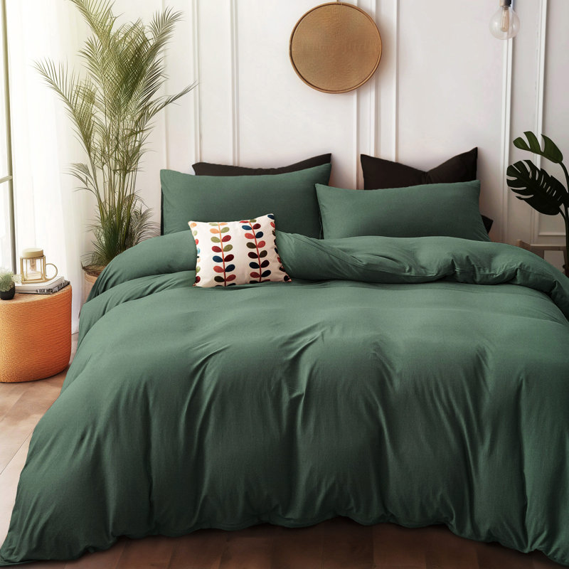 HOME BEDDING Jersey Cotton Duvet Cover Set, Green, Full Duvet Cover + 2 Standard Shams