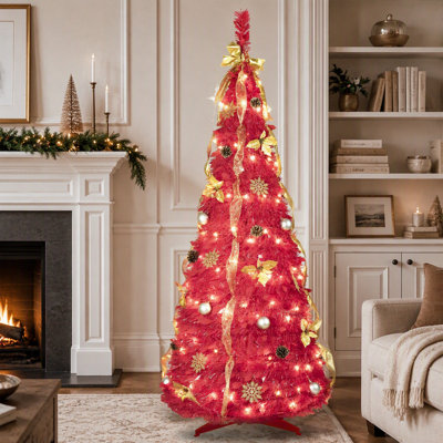 Arbre de Noël 6 pi avec 150 lumières DEL blanc chaud, ornements inclus - 4 rubans, arc, fleurs, flocons de neige, pommes de pin et boules - Assemblage facile et décoration de Noël peu encombrante