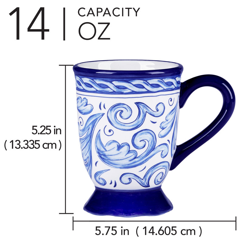 Cobalt Blue and White Ceramic Mug Set, 14 oz, Microwave Safe