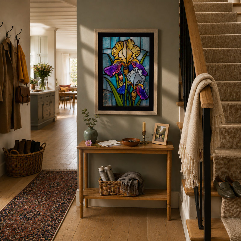 Iris in Stained Glass Botanical - Framed Print, A1 - 84.1 x 59.4 cm, Oak