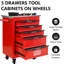Chariot à outils d'atelier rouge et noir à 5 tiroirs avec toit en acier inoxydable, roues universelles verrouillables, capacité de chargement de 15 kg - glissière à roulement pour garage-584574677