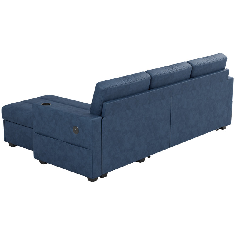 Canapé-lit modulaire en L 89 po avec rangement caché, canapé-lit escamotable en similicuir pour le salon, Similicuir bleu