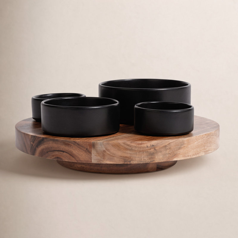 Plateau tournant en bois d'acacia avec 4 bols à condiments