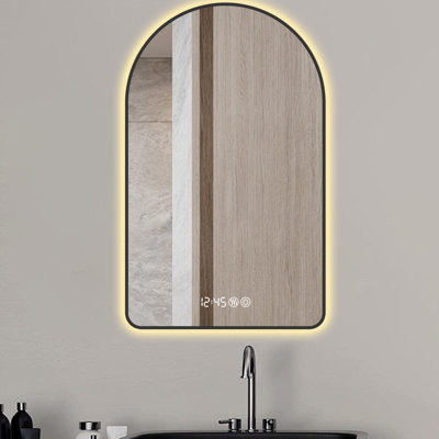 Miroir de salle de bain à cadre arqué noir, 28 po x 48 po, affichage de l'heure et de la température, brouillard, intensité variable, 3 couleurs de température 28 po x 48 po