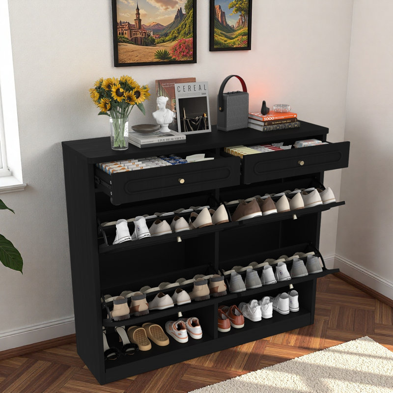 Wooden Shoe Cabinet With 4 Flip Drawers, 2 Storage Drawers And Open Compartments, Black