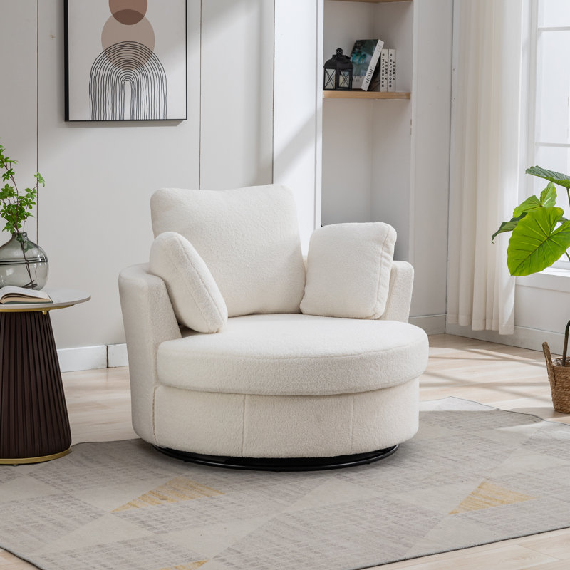 Achorn 42" W Recessed Arm Slipcovered Swivel Barrel Chair, Ivory Fuzzy Polyester