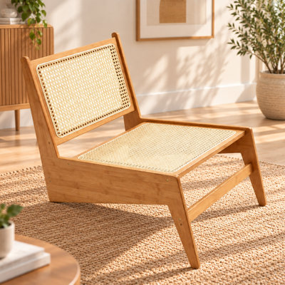 Fauteuil lounge d'appoint en rotin tressé, style moderne du milieu du siècle, sans accoudoirs, profil bas, idéal pour véranda, balcon ou salon.