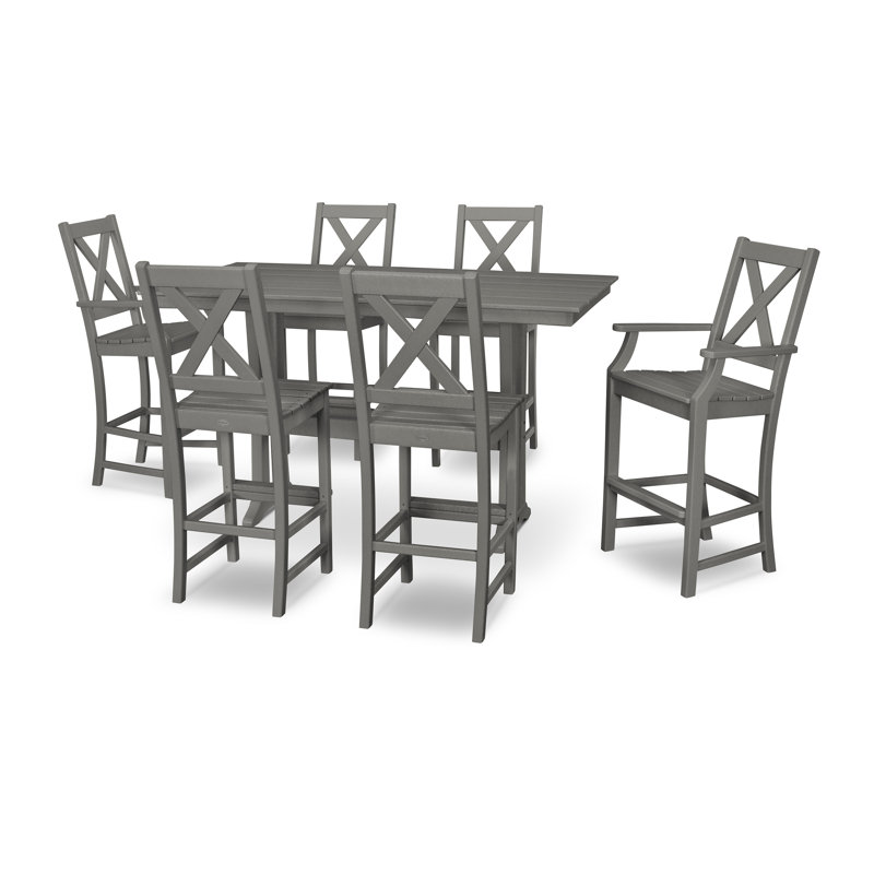 Braxton 7-Piece Farmhouse Trestle Bar Set, Slate Gray