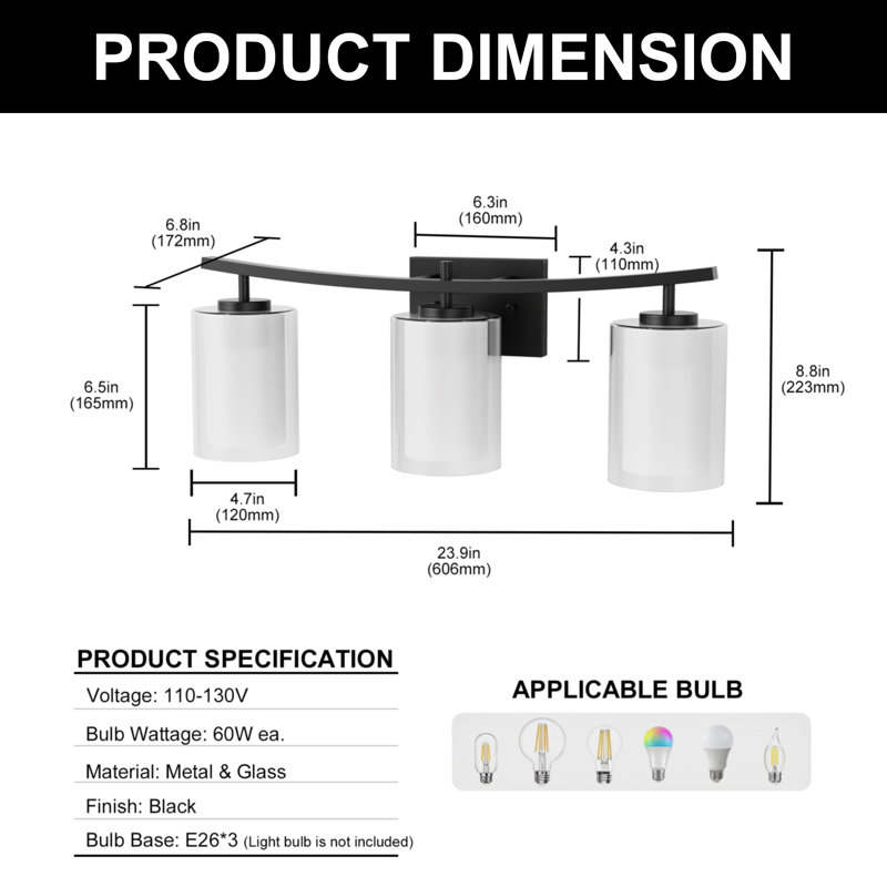 Bauman 24 po Éclairage pour salle de bain 3 lumières avec abat-jour en verre cylindrique blanc pour salle de bain, miroir, coiffeuse