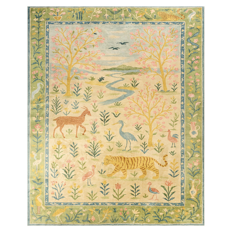 Machine Washable Boho Animal & Floral Area Rug Non-Slip Backing Green/Beige/Pink Carpet for Living Room, Bedroom, Kids Room, Nursery