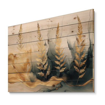 Gold Harmony Ferns II - fougères en bois, art mural - sur bois de pin naturel