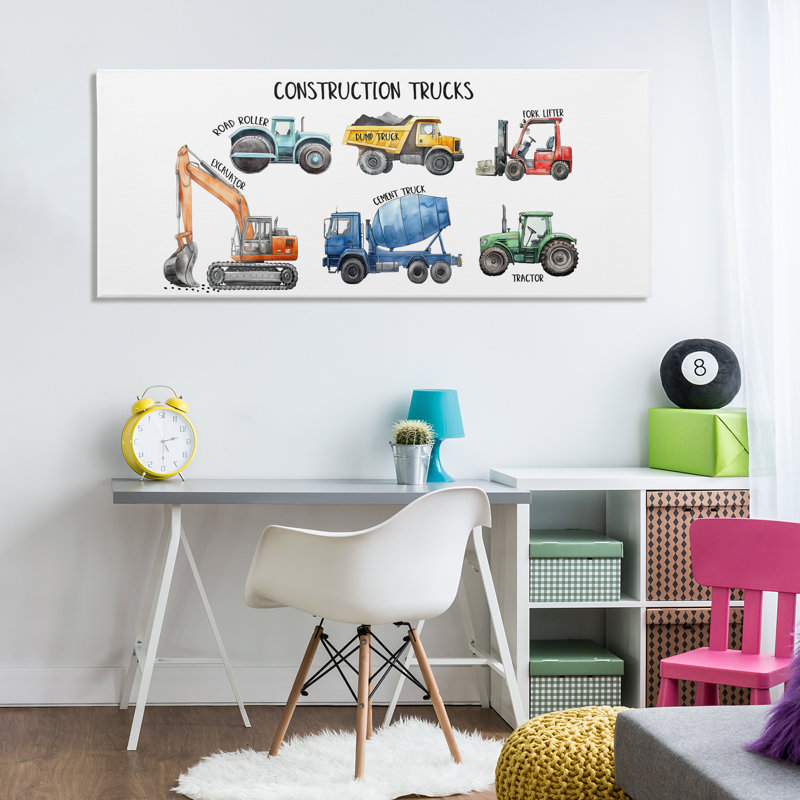 Camions de construction industrielle, conception par Christine Simpson Art, H 20 po x l 48 po