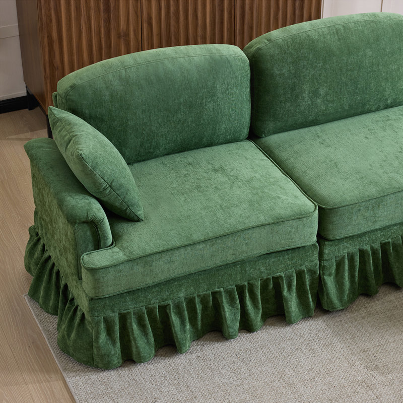 Canapé modulaire moderne avec jupe à volants amovible, chenille, repose-pieds, en forme de L, Vert