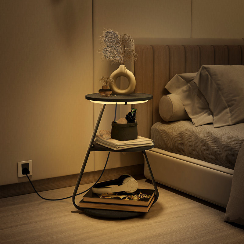 LED Light, Bedside Table End Table With 3 Shelf, 34cm Desktop Side Table, Black
