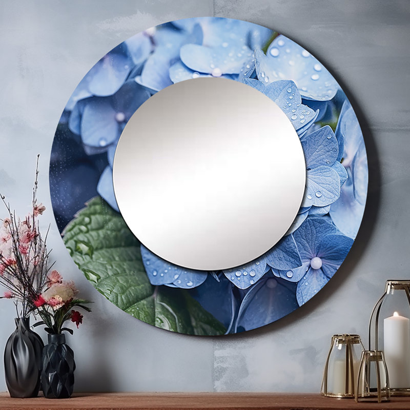 Blue Green Hydrangea Blooms Heaven - Floral Round Mirror Wall Decor, 23" x 23"