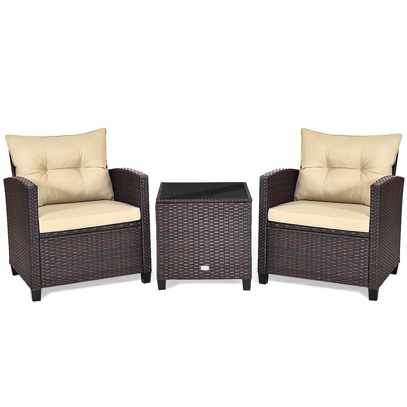 Ensemble de conversation en rotin 3 pièces avec coussins Chunn, Beige, Gris foncé