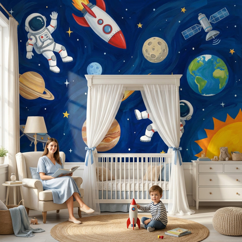 Astronaute, papier peint, planètes, décoration murale, Non tissé non collé, 140" x 108"