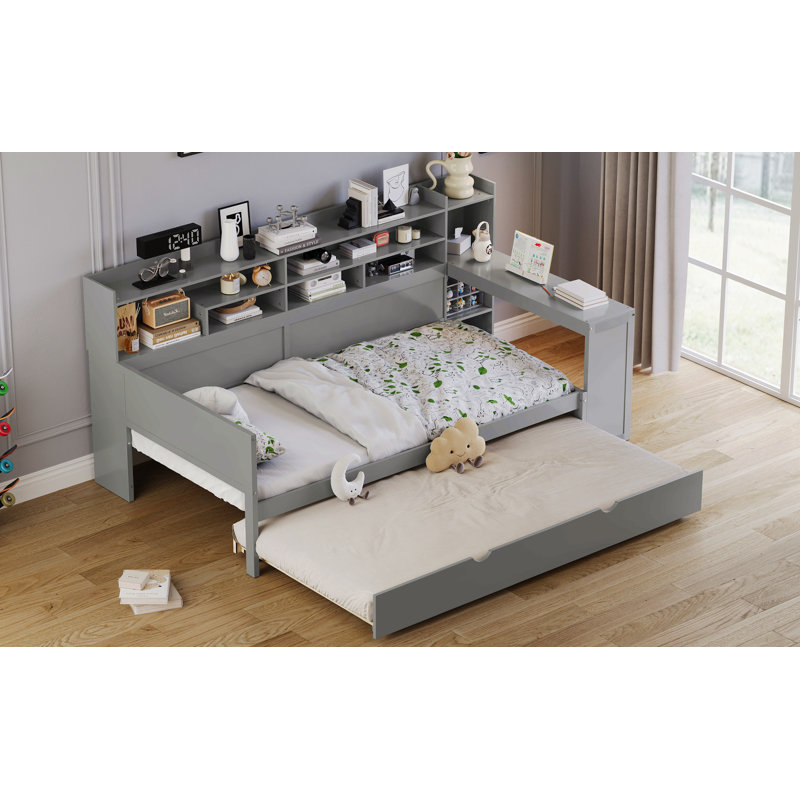 Lit de jour simple en bois avec tablettes de rangement, lit multifonctionnel avec lit gigogne simple et bureau d'étude, Gris