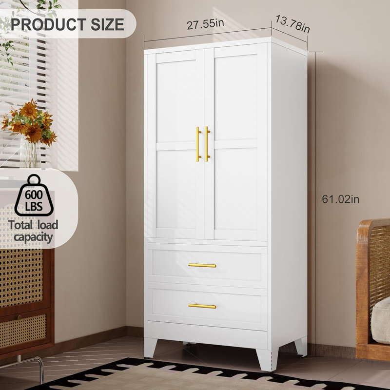Armoire-penderie 71 po avec armoires et tiroirs, 71" H x 32" W x 16" D, Blanc