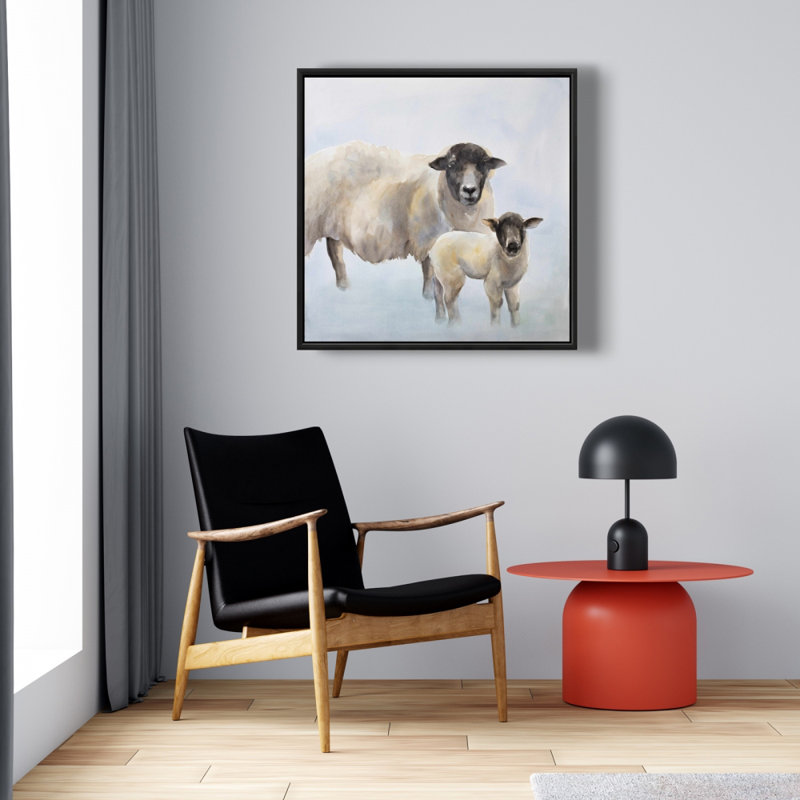 Toile mouton et bébé | Art animalier bleu | Décoration intérieure, H 25,25 po x l 25,25 po