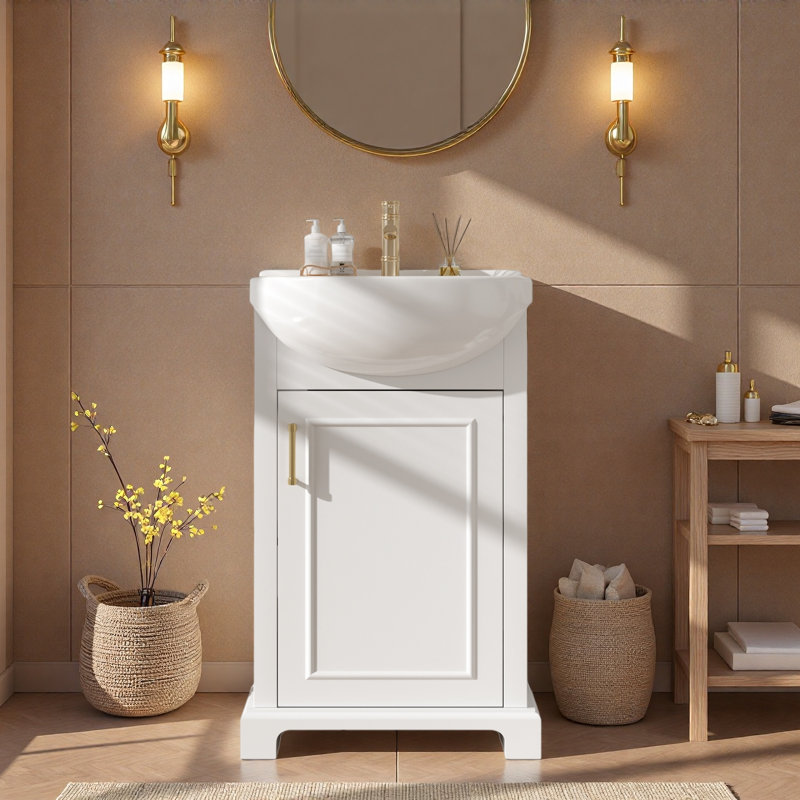 Meuble-lavabo de 20 pouces avec lavabo en céramique, ensemble de meuble-lavabo simple autoportant avec porte à fermeture douce, lavabo en céramique bombé