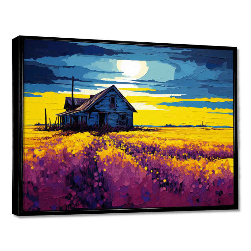 «White Country House Lavender Field Sunset», art mural paysage, Toile avec cadre flottant noir, H 12 po x l 20 po x P 1 po