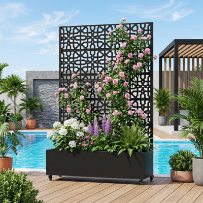 Metal Planter Box with Trellis with Wheels