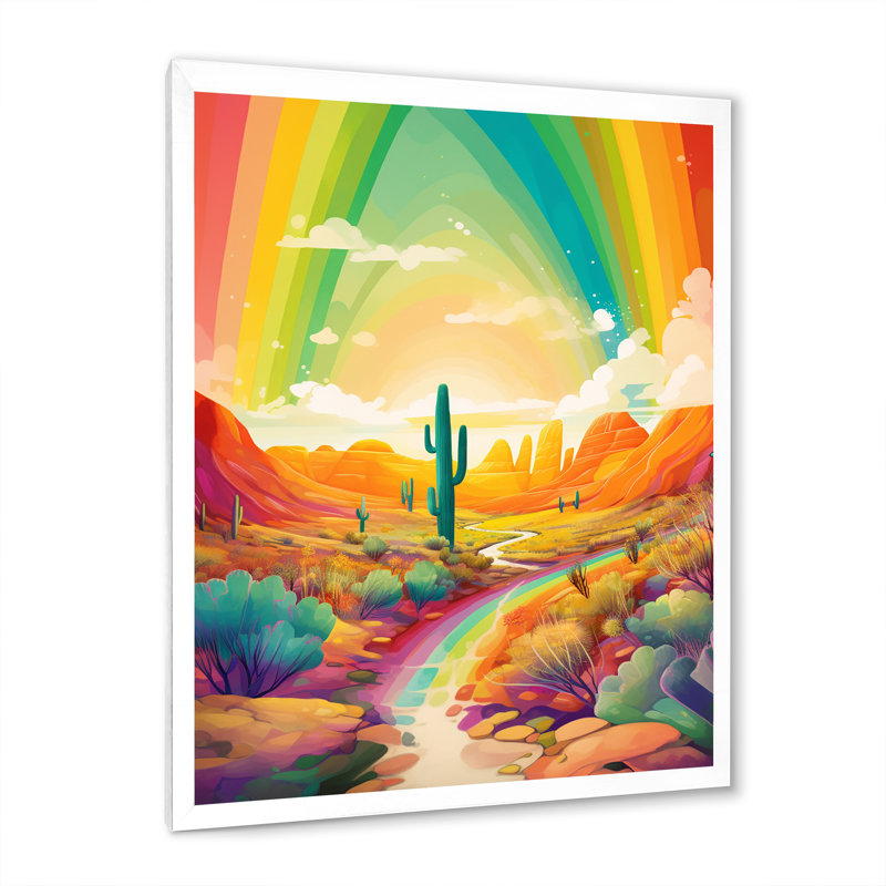 Cactus dans le désert sous un arc-en-ciel de couleur vive I - impression, H 32 po x l 24 po x P 1 po, Cadre simple blanc