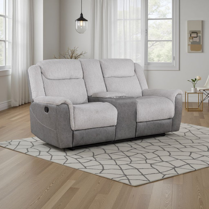 Feo Manual Reclining Loveseat W Console, White Gray Microfiber 76 Inch