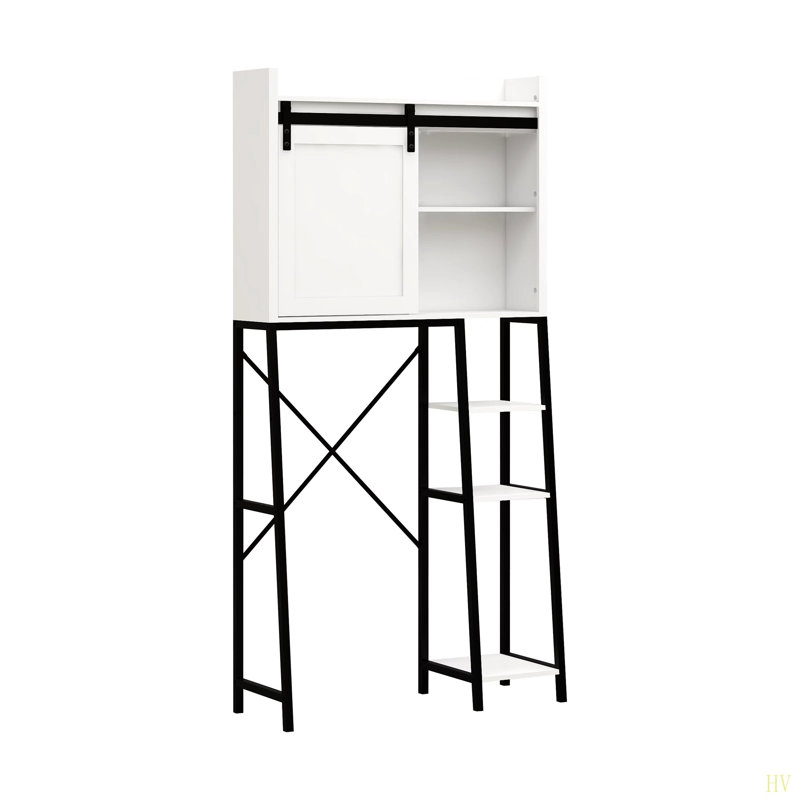 Armoire de rangement au-dessus de la toilette, tablettes de salle de bain au-dessus de la toilette avec porte de grange coulissante, tablettes réglables et support de rangement latéral