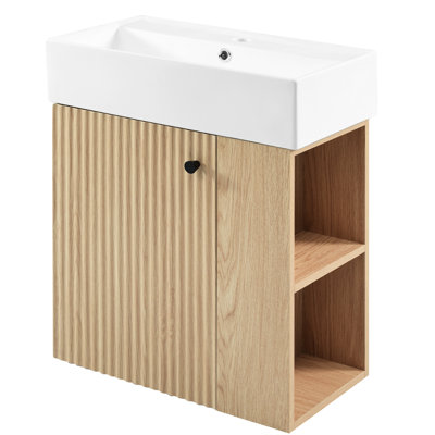 21.6" Floating Bathroom Cabinet With Ceramics Sink, Overflow Hole, Soft Close Feature, Space - Saving In Small Sized Bathrooms Modern Wall Mounted Vanity Ceramic Basin, Single Hole Pre Drilled, Door,