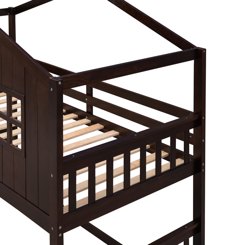 Twin Over Twin House Bunk Bed With Ladder, Wood Bed-Espresso, Espresso