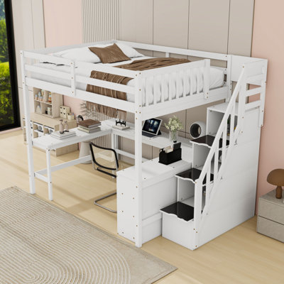 Full Loft Bed With Built-In Desk And Shelves