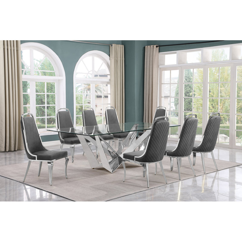 Khailee Glass Top Double Pedestal Dining Set, Dark Gray/Siver, 9, Silver