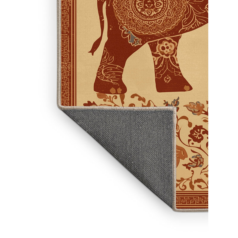 Tapis oriental doux et moelleux à motif d'éléphants de style oriental en brun et beige, 3 X 5