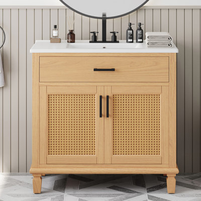 Rattan Bathroom Vanity with Ceramic Sink, Featuring Soft Close Doors and Drawers, Free - standing Design for Large Space Storage and Artisan Craftsmanship