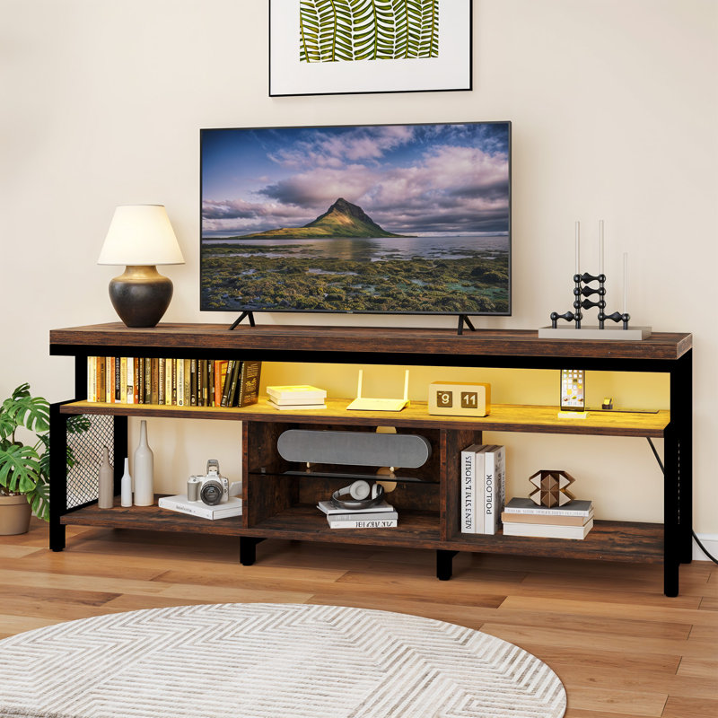 Modern Industrial LED Entertainment Center TV Stands With Power Outlets & Open Storage For Living Room, Rustic Brown/Black