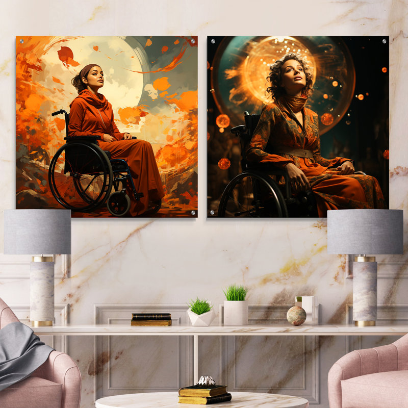 Femme sur fauteuil roulant - ensemble de 2 art mural en verre acrylique, H 16 po x l 33 po