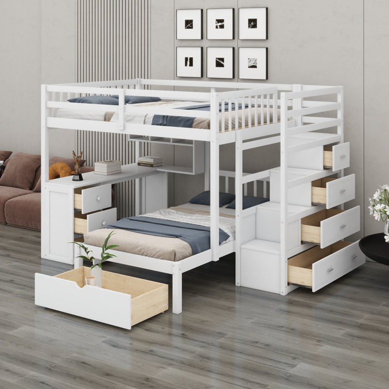 Lit superposé avec bureau, tiroirs et tablettes, Blanc