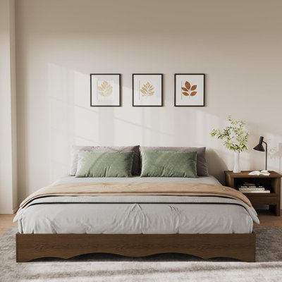 Minimalist Wave Design Wooden Platform Bed Frame – Low Profile, Sturdy Noise-Free Support, No Headboard, Easy Assembly, No Box Spring Needed, King Size, Walnut
