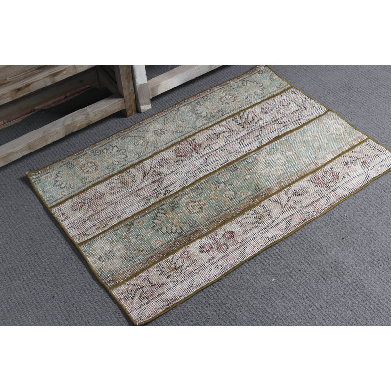 Petit tapis en laine beige à motif patchwork rétro turc pour entrée noué à la main Oushak